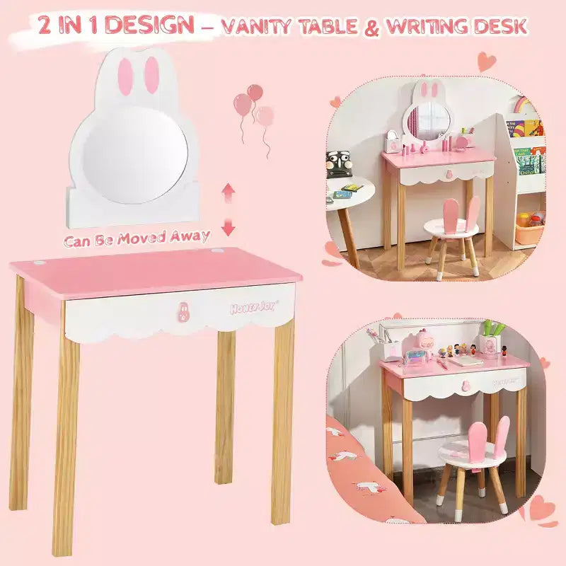 Costway Kids Vanity Set Rabbit Makeup Dressing Table Chair Set W/ Mirror Drawer White\Pink