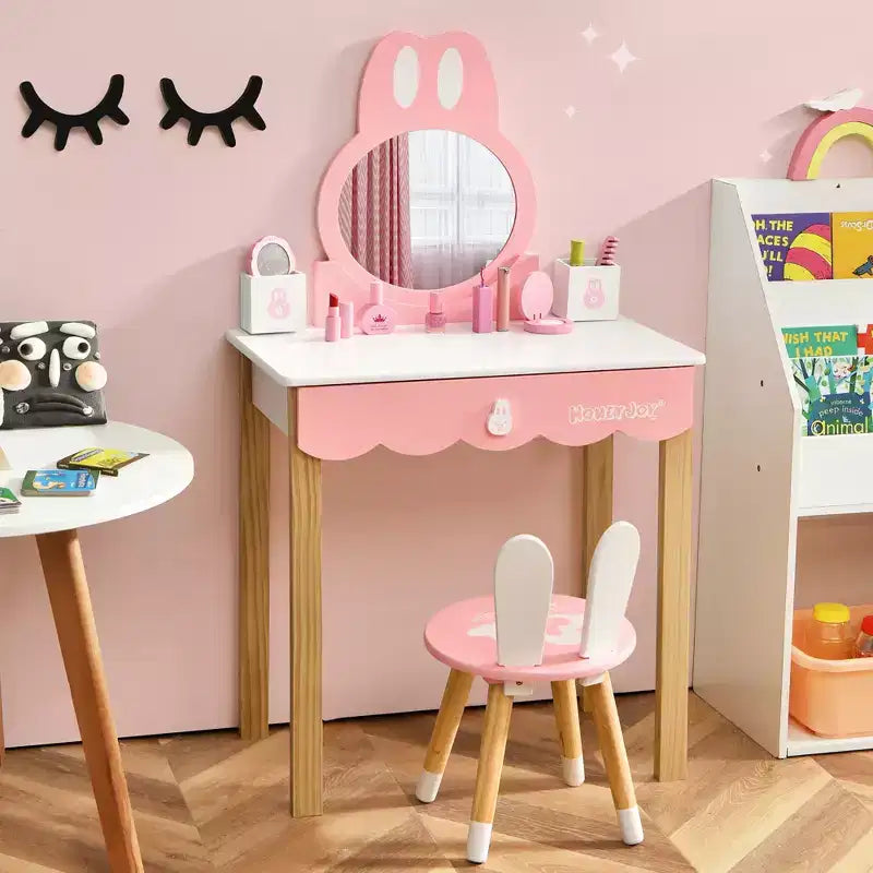 Costway Kids Vanity Set Rabbit Makeup Dressing Table Chair Set W/ Mirror Drawer White\Pink