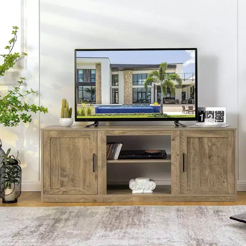 Costway 58'' TV Stand Entertainment Console Center W/ 2 Cabinets for 65'' TV Natural\Black\Walnut