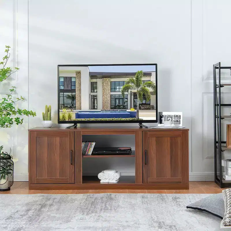 Costway 58'' TV Stand Entertainment Console Center W/ 2 Cabinets for 65'' TV Natural\Black\Walnut