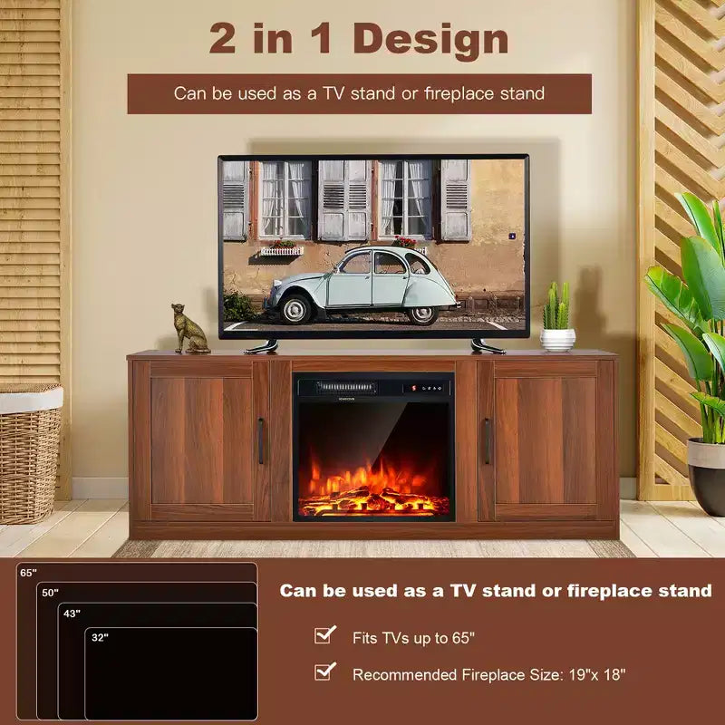 Costway 58'' TV Stand Entertainment Console Center W/ 2 Cabinets for 65'' TV Natural\Black\Walnut