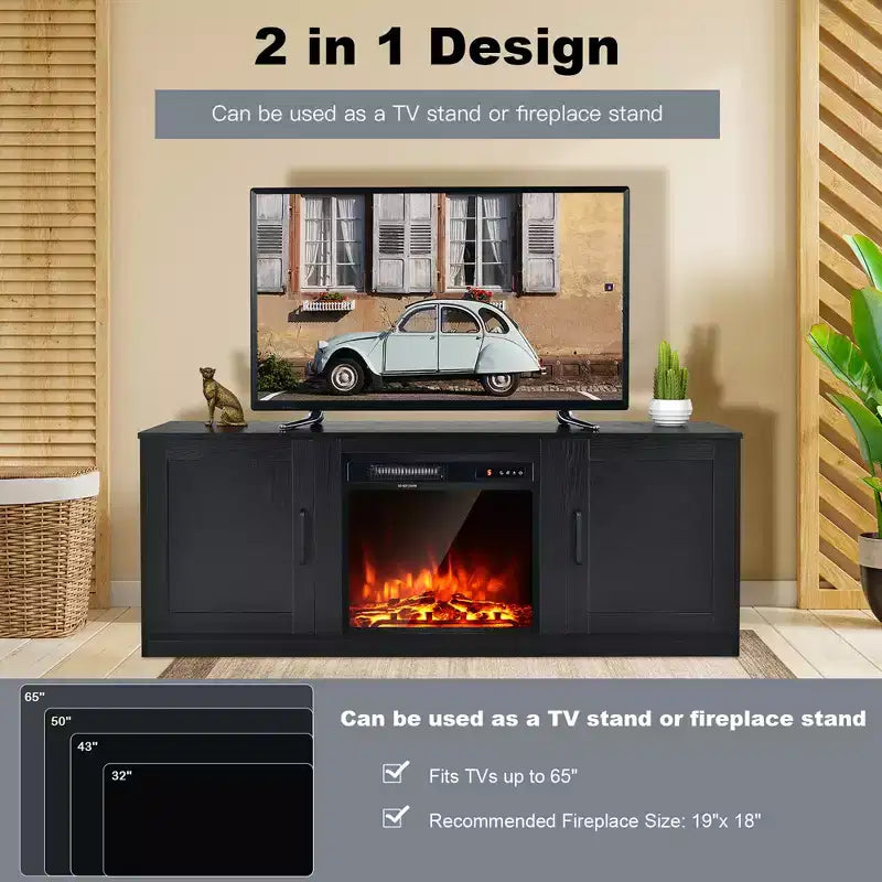 Costway 58'' TV Stand Entertainment Console Center W/ 2 Cabinets for 65'' TV Natural\Black\Walnut
