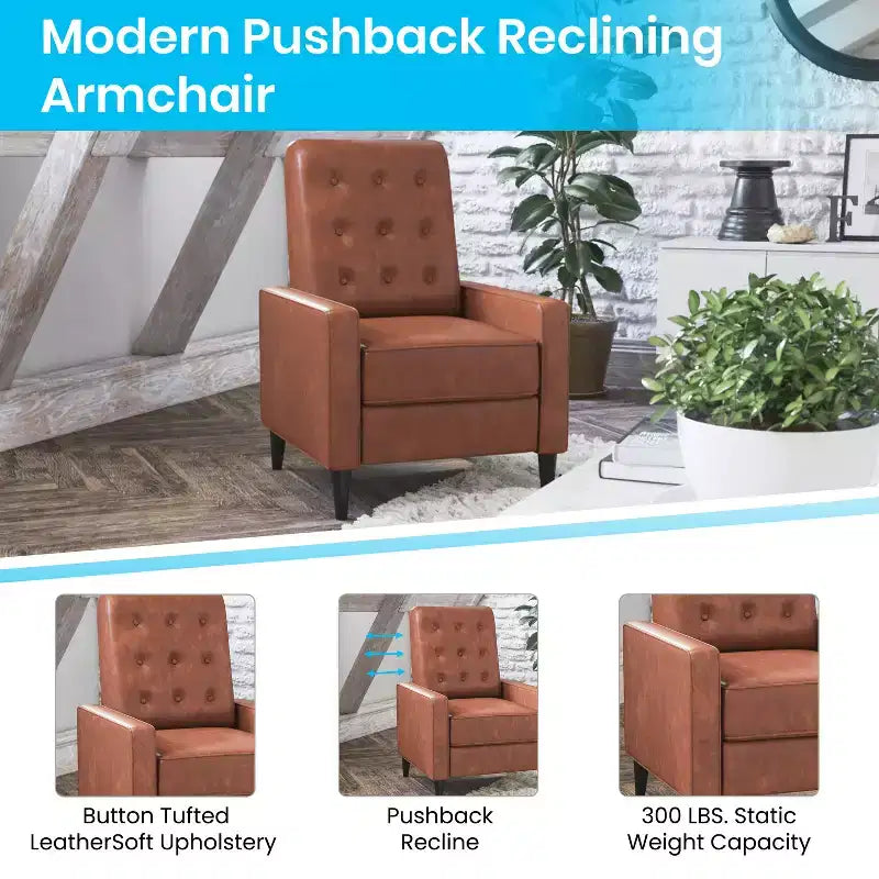 Merrick Lane Darcy Recliner Chair Mid-Century Modern Tufted Upholstery Ergonomic Push Back Living Room Recliner