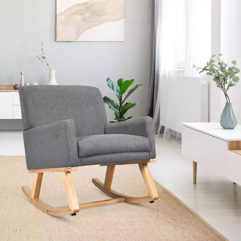 Costway Mid Century Rocking Chair Upholstered Armchair w/ Lumbar Support BeigeGray