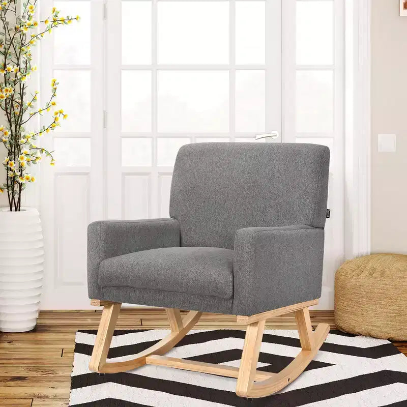 Costway Mid Century Rocking Chair Upholstered Armchair w/ Lumbar Support BeigeGray