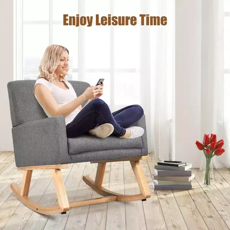 Costway Mid Century Rocking Chair Upholstered Armchair w/ Lumbar Support BeigeGray