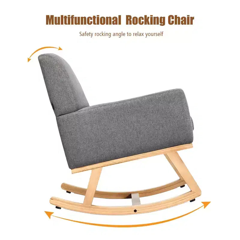 Costway Mid Century Rocking Chair Upholstered Armchair w/ Lumbar Support BeigeGray