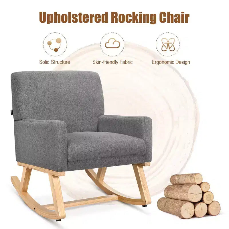 Costway Mid Century Rocking Chair Upholstered Armchair w/ Lumbar Support BeigeGray