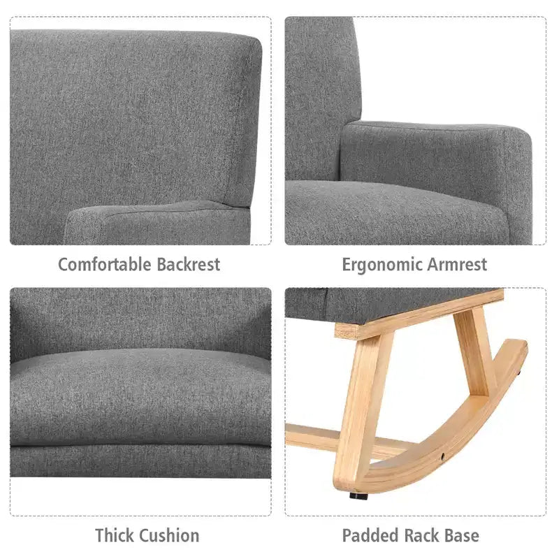 Costway Mid Century Rocking Chair Upholstered Armchair w/ Lumbar Support BeigeGray