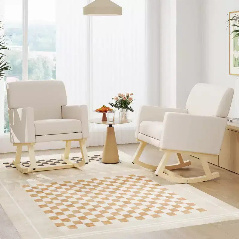 Costway Mid Century Rocking Chair Upholstered Armchair w/ Lumbar Support BeigeGray
