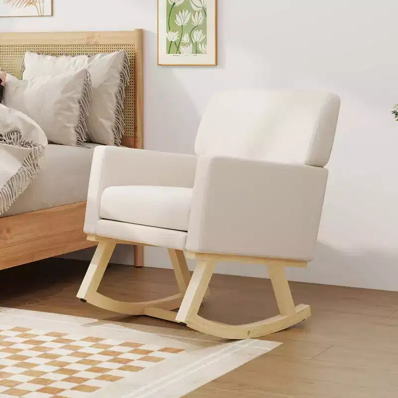 Costway Mid Century Rocking Chair Upholstered Armchair w/ Lumbar Support BeigeGray