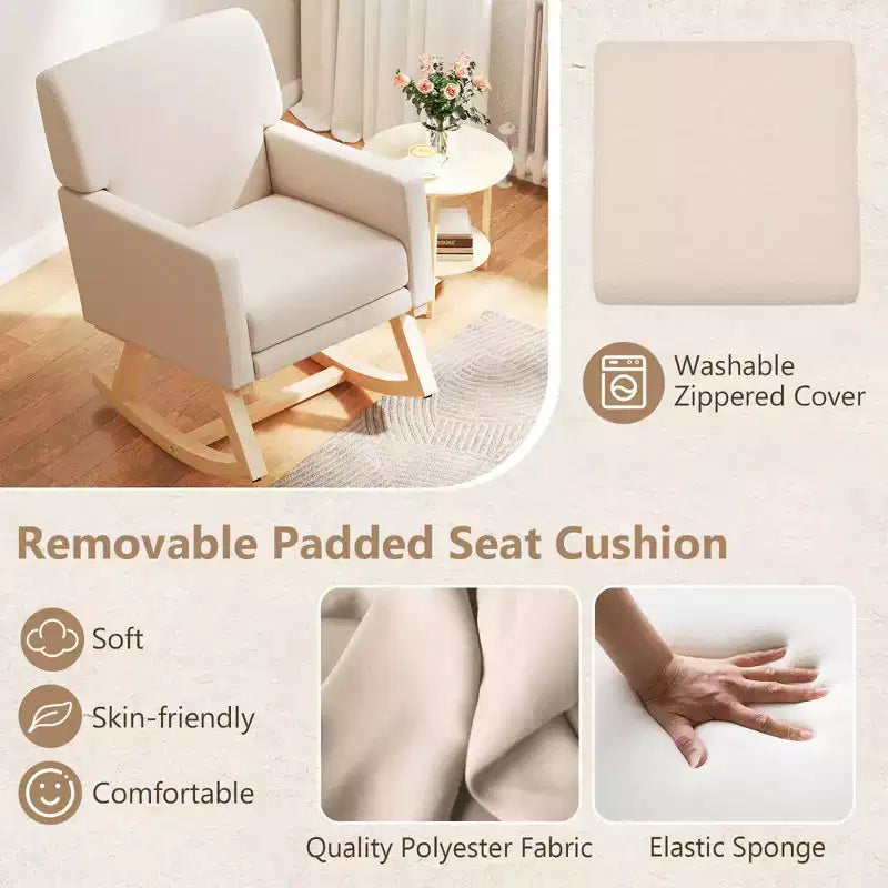 Costway Mid Century Rocking Chair Upholstered Armchair w/ Lumbar Support BeigeGray