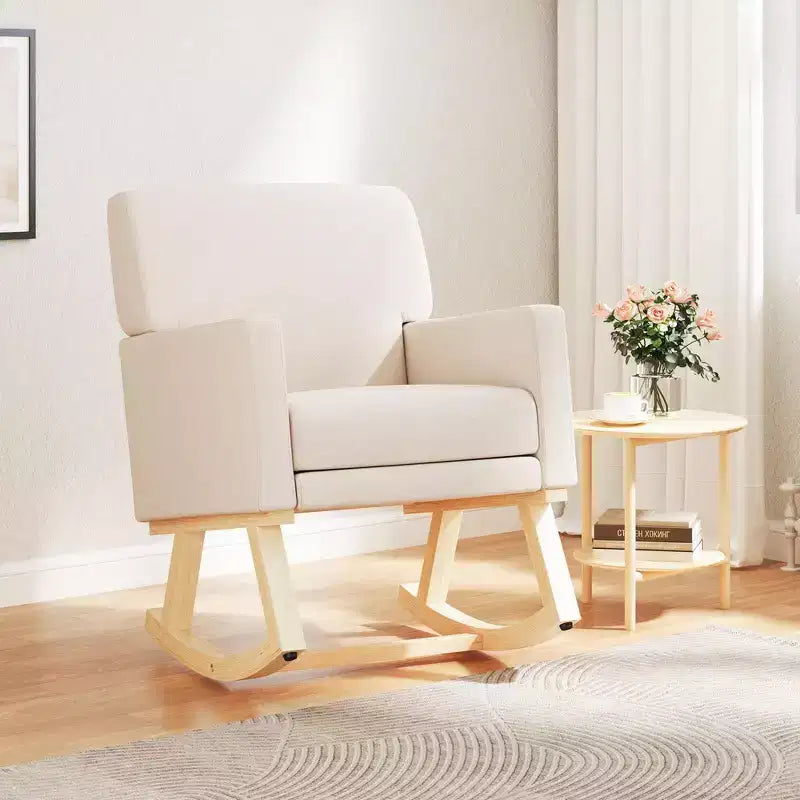 Costway Mid Century Rocking Chair Upholstered Armchair w/ Lumbar Support BeigeGray